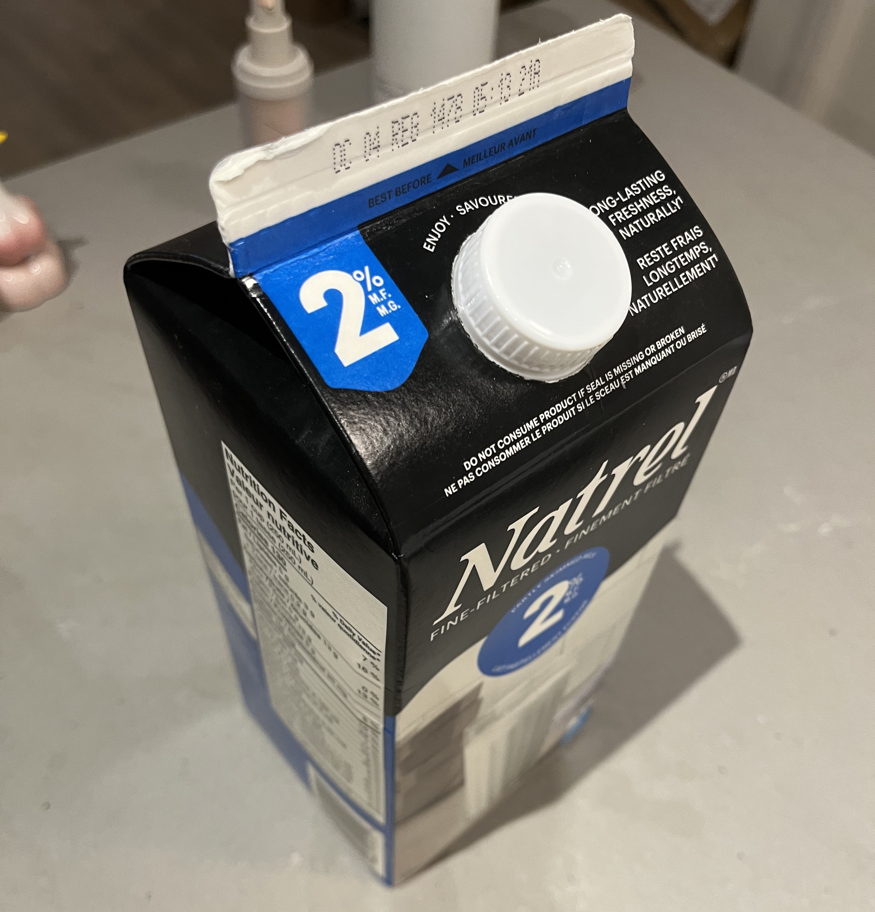 Angled view of the milk carton